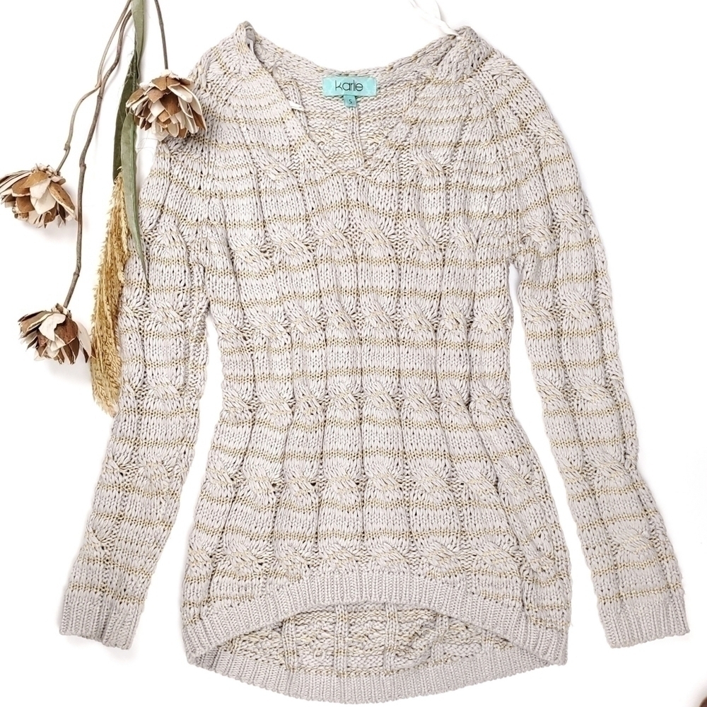 Karlie Tan Gold Striped Cable Knit Long Sweater Sz S - Picture 2 of 16